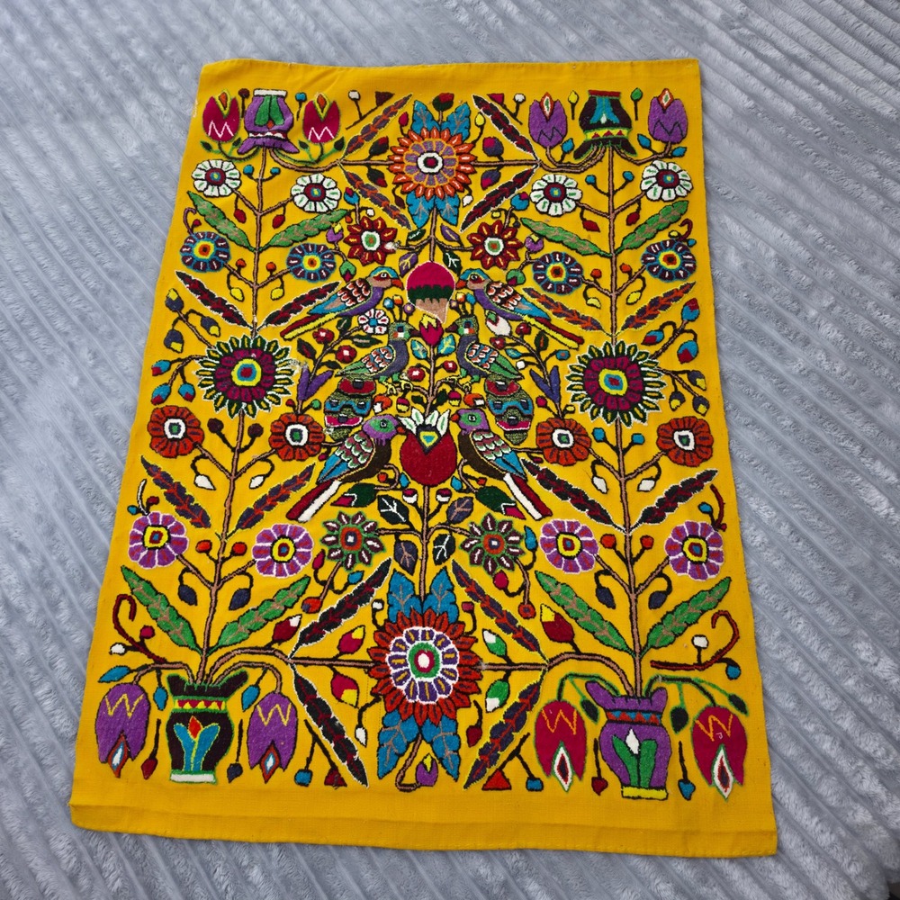 Vintage Mexican Otomi Tenango Hand Embroidered Floral Bird Textile Yellow 43x26